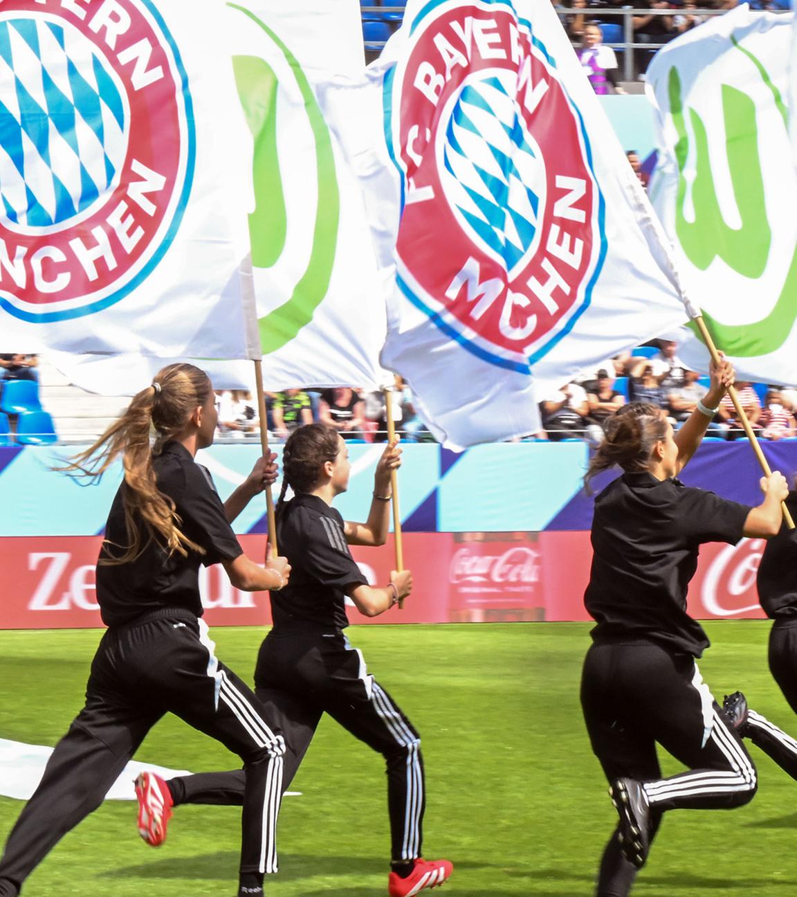 Vor Spielbeginn werden die Vereinsfahnen durch das Stadion getragen
