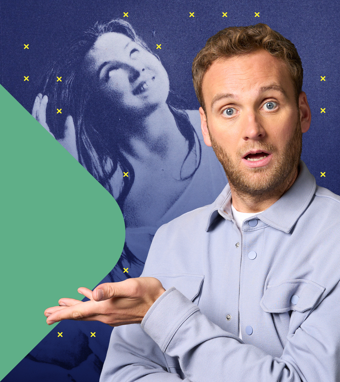 Leon Windscheid schaut fragend in die Kamera. Er verweist mit der Hand auf ein Bild in seinem linken Hintergrund. Dort ein historisches Foto einer vermeintlich hysterischen Frau, die die Augen verdreht und die Hände erhoben hat.