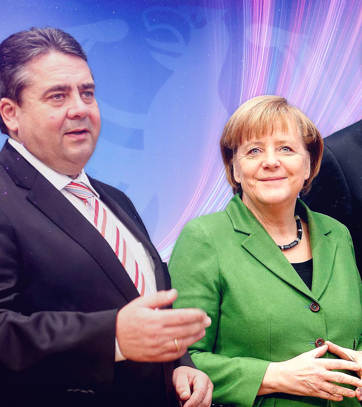 Montage: Sigmar Gabriel, Angela Merkel und Horst Seehofer stehen nebeneinander, der Hintergrund ist graphisch gestaltet.