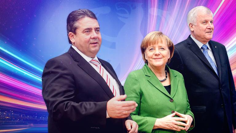 Montage: Sigmar Gabriel, Angela Merkel und Horst Seehofer stehen nebeneinander, der Hintergrund ist graphisch gestaltet.