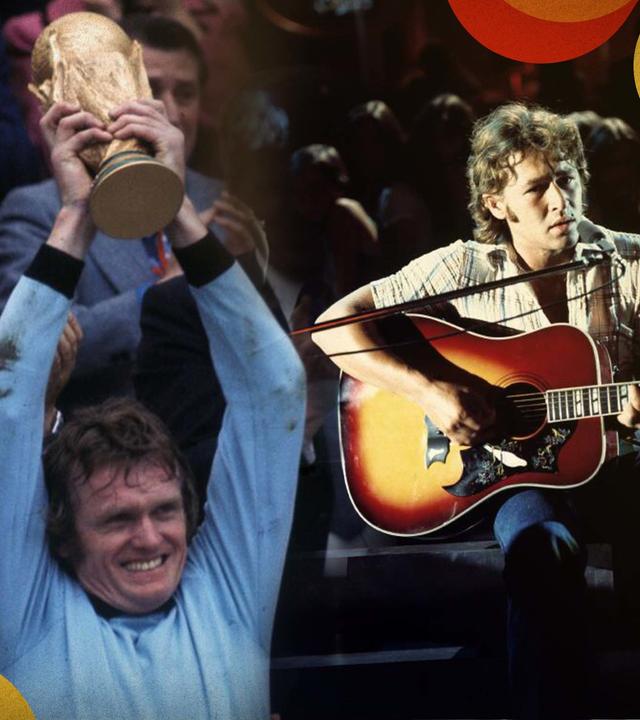 Montage: Zentral im Bild Sepp Maier, der den WM-Pokal in die Höhe reckt; rechts von ihm Peter Maffay mit Gitarre; links im Hintergrund jubelnde Fans mit Deutschlandfahnen.