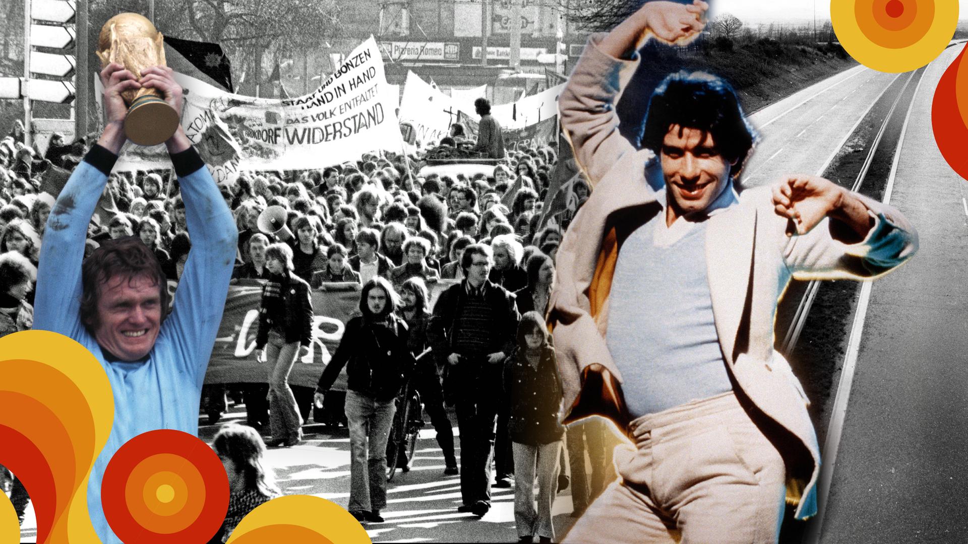  Montage: Rechts ein tanzender John Travolta, hinter ihm eine leere Autobahn; links Sepp