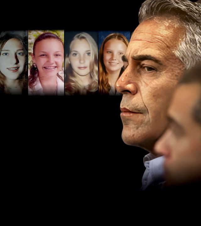 Im Vordergrund ist Jeffrey Epstein im Profil zu sehen, das Bild stammt von einer Gerichtsverhandlung 2008. Im Hintergrund sieht man ein paar seiner Opfer. 