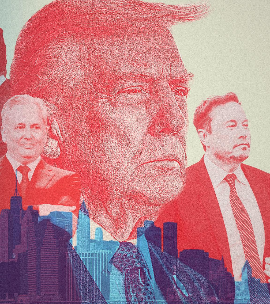 Eine Collage mit Fotos von Tech-Milliardären Peter Thiel, Elon Musk und David Sacks vor einem großen Halbprofil von Donald Trump. Im Hintergrund eine Stadtsilhouette. 