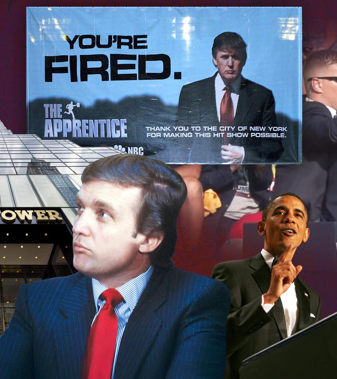 Collage, verschiedene prägende Startionen in der Karriere von Donald Trump.