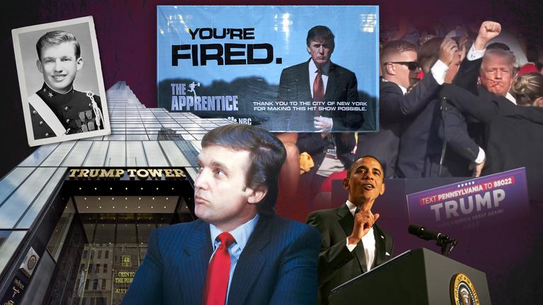 Collage, verschiedene prägende Startionen in der Karriere von Donald Trump.