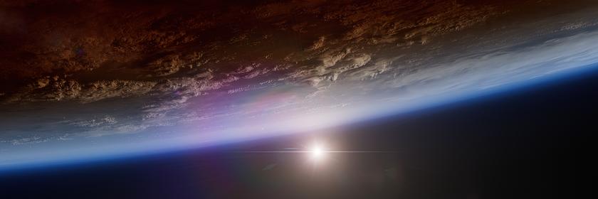 Animiertes Bild der Erdoberfläche aus dem All gesehen, eine dünne blaue Schicht umgibt den Planeten, im Hintergrund die Sonne.