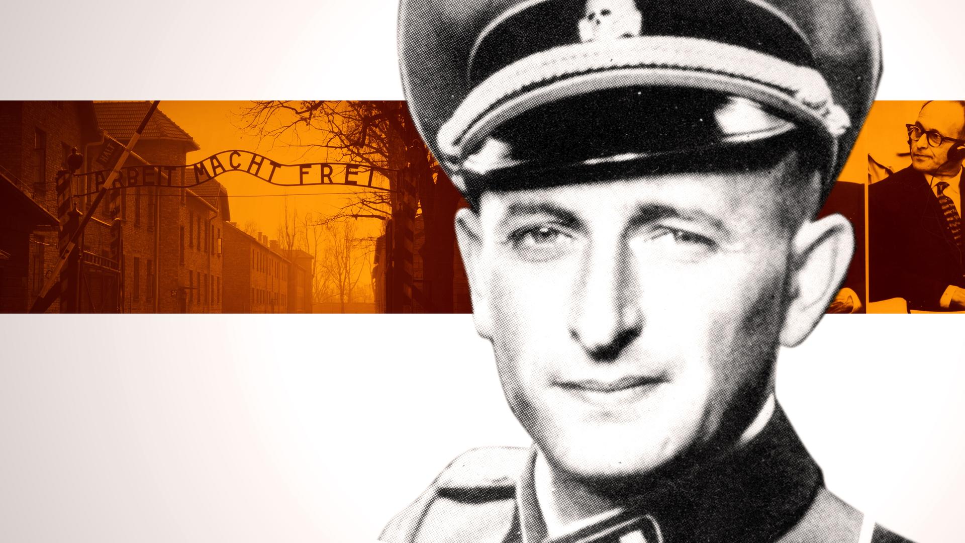 Eine Nahaufnahme von Eichmann, im Hintergrund eingefärbt der Schriftzug „Arbeit