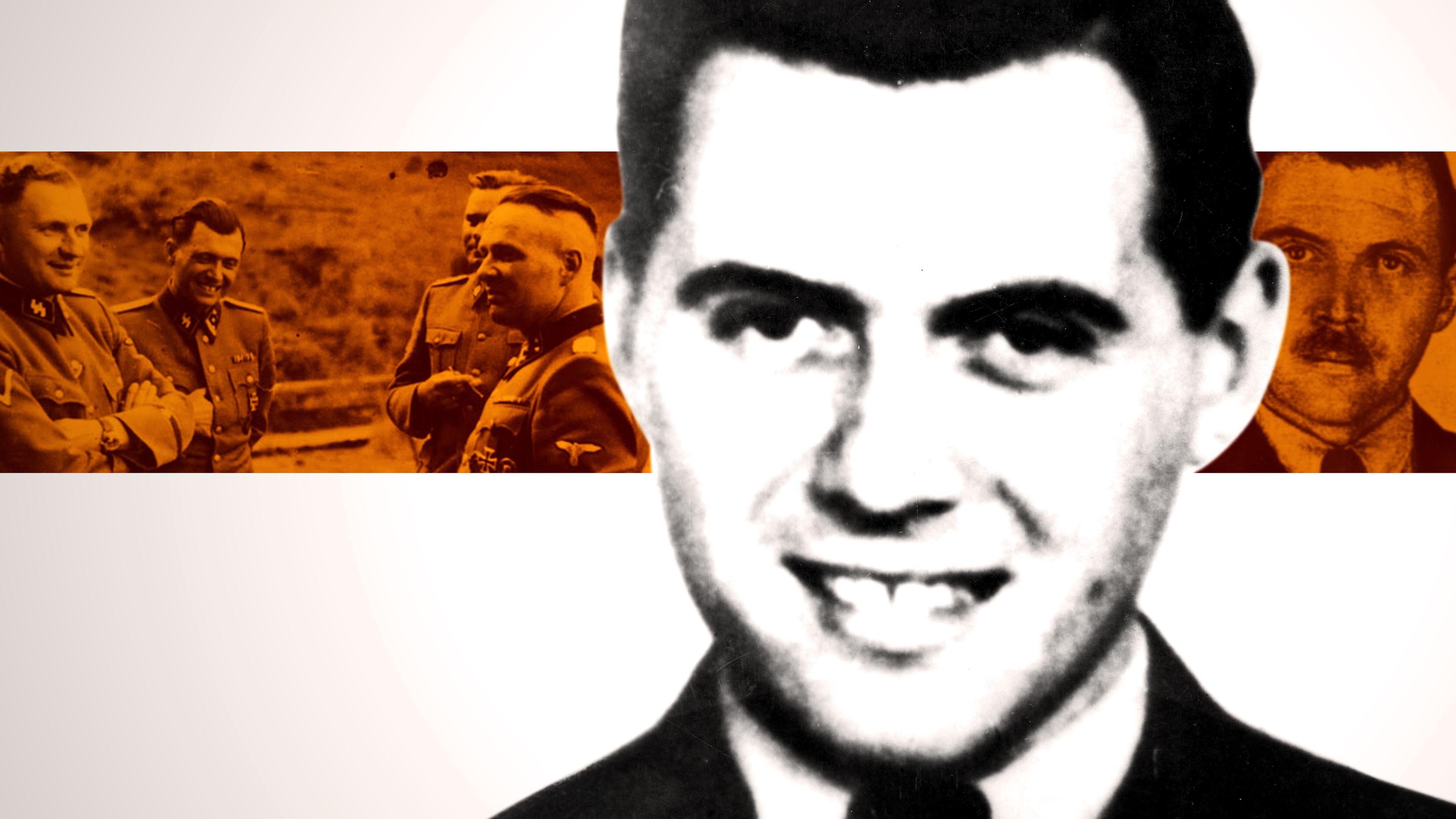 Eine Nahaufnahme von Mengele, im Hintergrund eingefärbt Mengele in einer „lustigen“