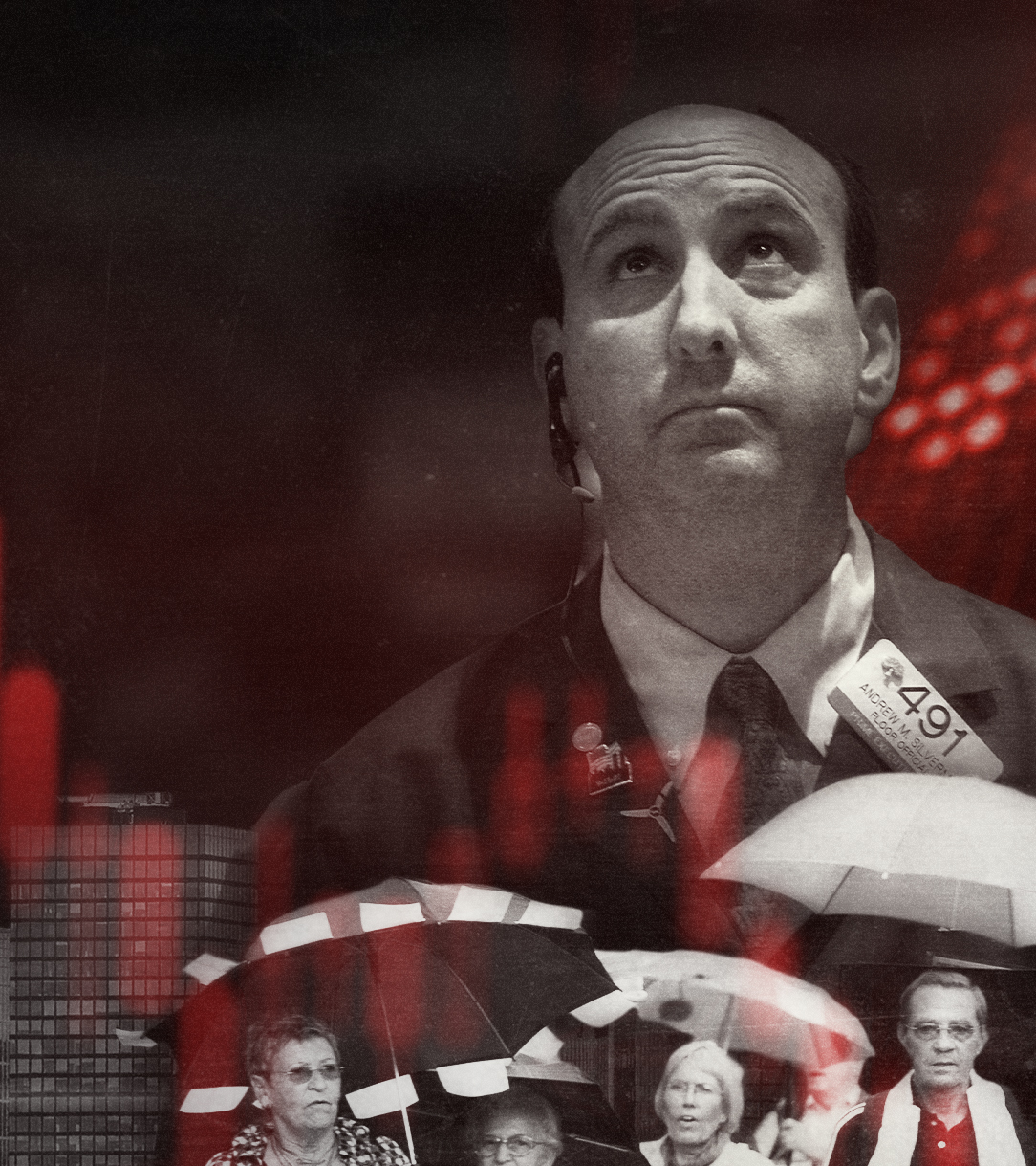 Im Hintergrund steht ein rotgefärbtes Gebäude an dem die Leuchtschrift "Lehman Brothers" angebracht ist. Davor liegen drei Schwarz-Weiß-Fotos: Die New Yorker Skyline, ein Banker der nach oben schaut und mehrere Personen mit aufgespannten Schirmen bei einer Demonstration mit dem Banner "Rettungs Schirm Lehman-Opfer".