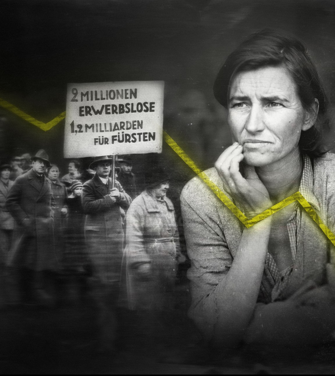 Bildercollage aus Schwarz-Weiß-Fotos: An der Seite sitzt ein Mann, der nachdenklich zu Boden schaut. Daneben steht eine Frau. die mit gerunzelter Stirn zur Seite blickt. An der anderen Seite laufen mehrere Personen bei einer Demonstration. Eine Person trägt ein Schild mit der Aufschrift "2 Millionen Erwerbslose - 1,2 Milliarden für Fürsten". Über dem Ganzen liegt ein gezackter gelber Pfeil, der nach unten zeigt.