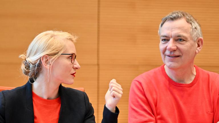 Berlin: Ines Schwerdtner (Die Linke), Parteivorsitzende, spricht vor einer Sitzung der Gruppe Die Linke mit Jan van Aken (Die Linke), Parteivorsitzender. 