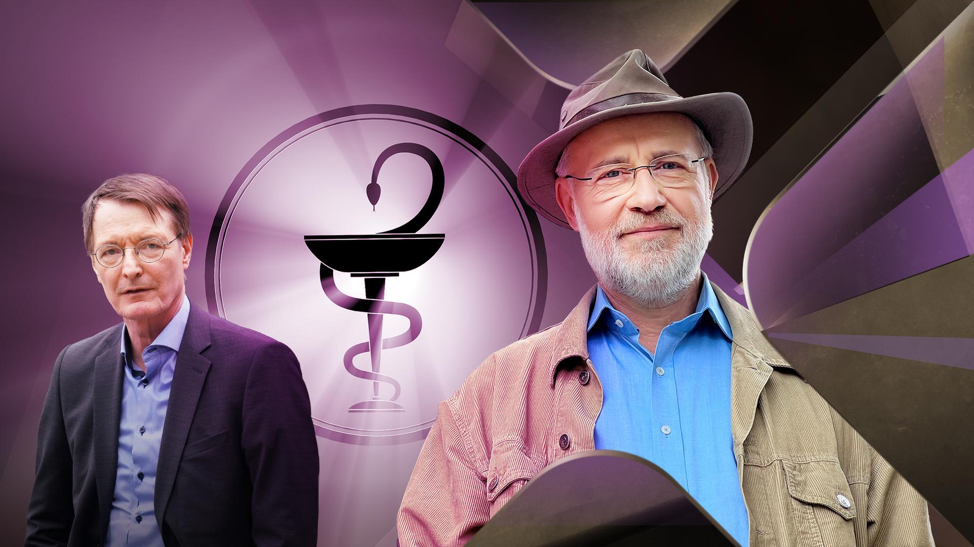 Professor Harald Lesch und Professor Karl Lauterbach vor Pharma-Zeichen