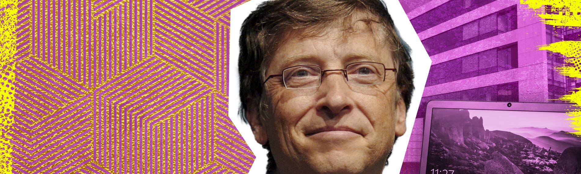  Zentral ein Porträt von Bill Gates, im Hintergrund ein Microsoft PC und der Firmensitz der Gates Foundation.