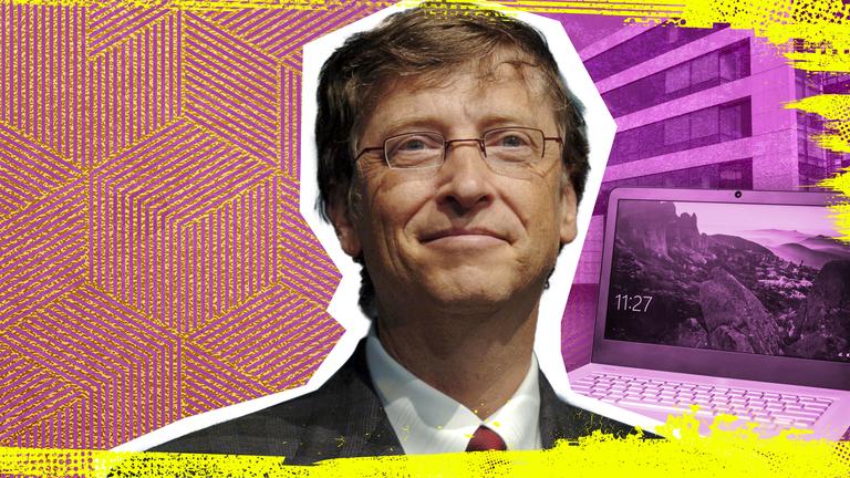 Zentral ein Porträt von Bill Gates, im Hintergrund ein Microsoft PC und der Firmensitz der Gates Foundation.