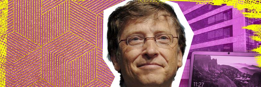 Zentral ein Porträt von Bill Gates, im Hintergrund ein Microsoft PC und der Firmensitz der Gates Foundation.