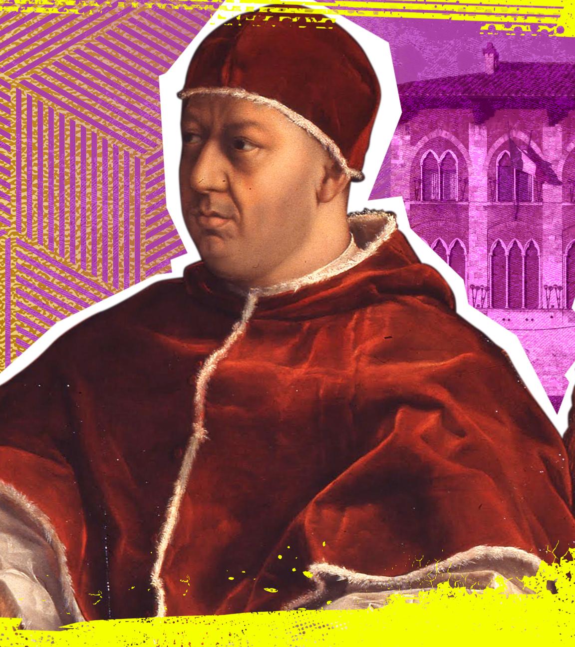 Zentral ein Porträtbild des Papstes Leo X, im Hintergrund der Palazzo Medici.