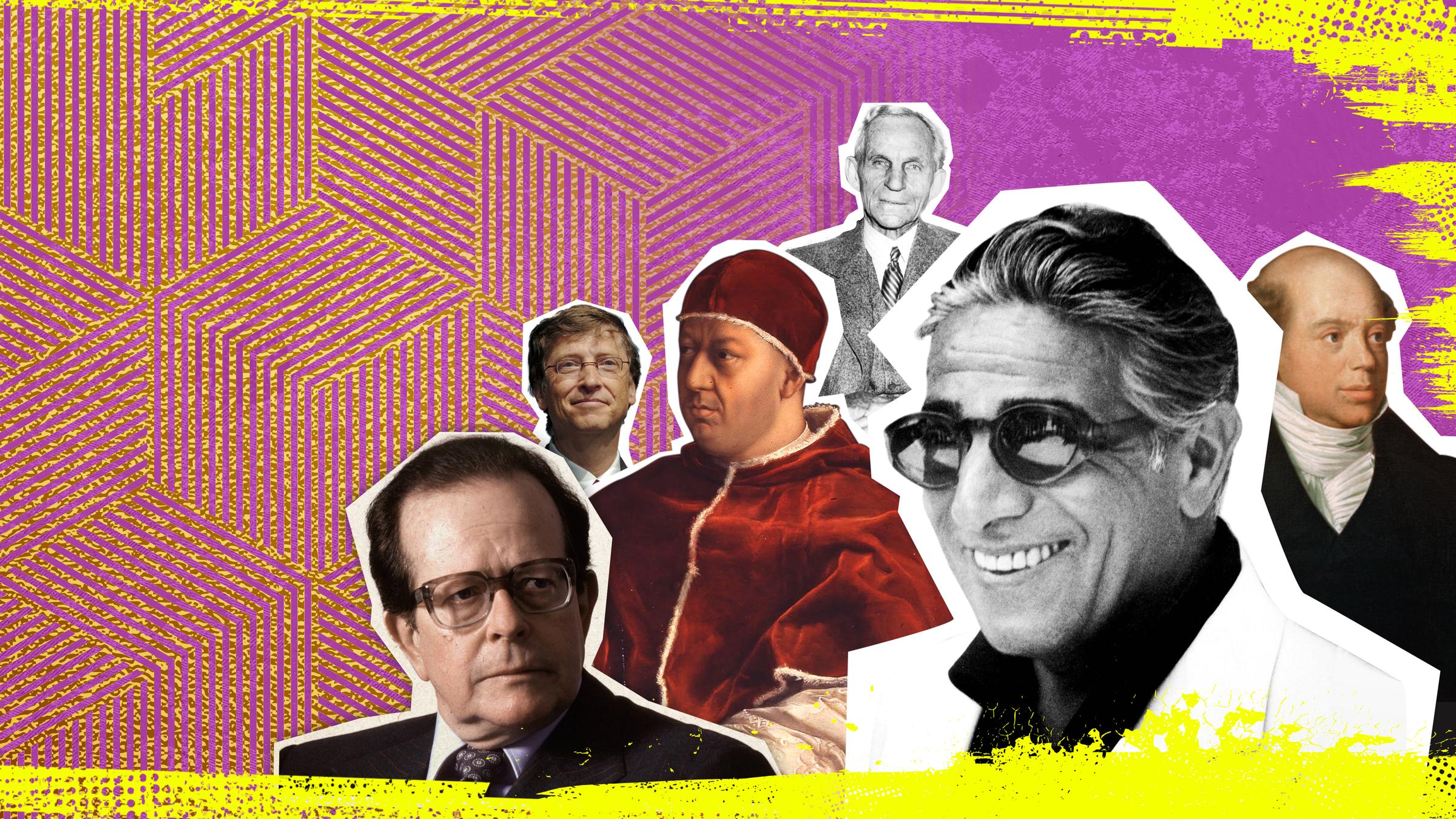  Köpfe von Flick, Bill Gates, Medici, Ford, Onassis und Roothscjild in unterschiedlichen Größen auf der rechten Bildseite vor rosa-gelben Grafikmuster