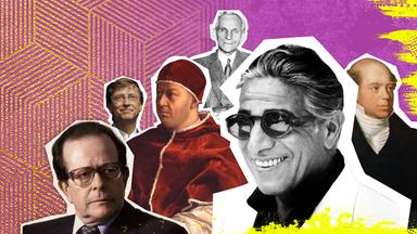  Köpfe von Flick, Bill Gates, Medici, Ford, Onassis und Roothscjild in unterschiedlichen Größen auf der rechten Bildseite vor rosa-gelben Grafikmuster
