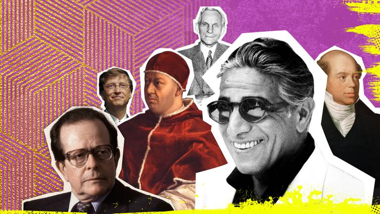  Köpfe von Flick, Bill Gates, Medici, Ford, Onassis und Roothscjild in unterschiedlichen Größen auf der rechten Bildseite vor rosa-gelben Grafikmuster