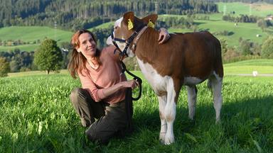 Die Schauspielerin Doris Schretzmayer in einer Wiese mit einem Kalb.