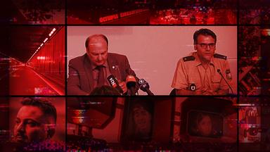 Collage in rot, mittig zwei Polizisten im Interview