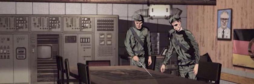 "Die sieben Geheimnisse der NVA": Graphic Novel: Zwei Männer stehen in einer ehemaligen NVA-Schaltzentrale.
