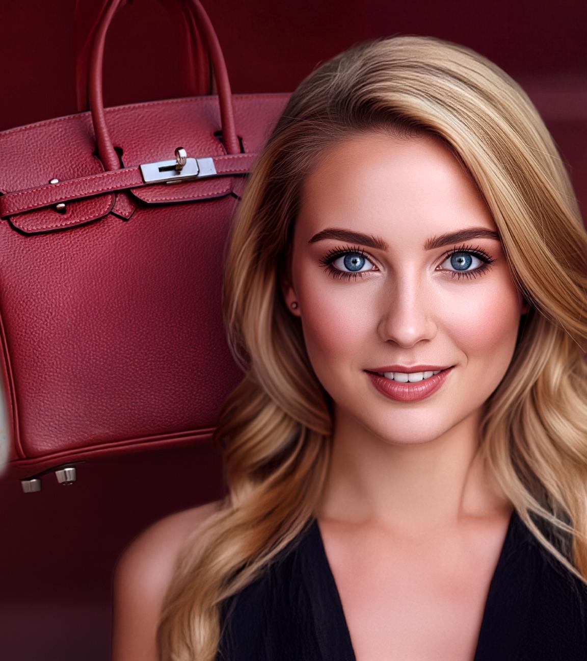 Montage: Eine blonde, KI-generierte Frau vorne rechts, hinten links eine Handtasche und ein 50-Euro-Schein in einer Frauenhand.