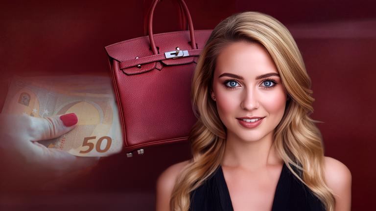 Montage: Eine blonde, KI-generierte Frau vorne rechts, hinten links eine Handtasche und ein 50-Euro-Schein in einer Frauenhand.