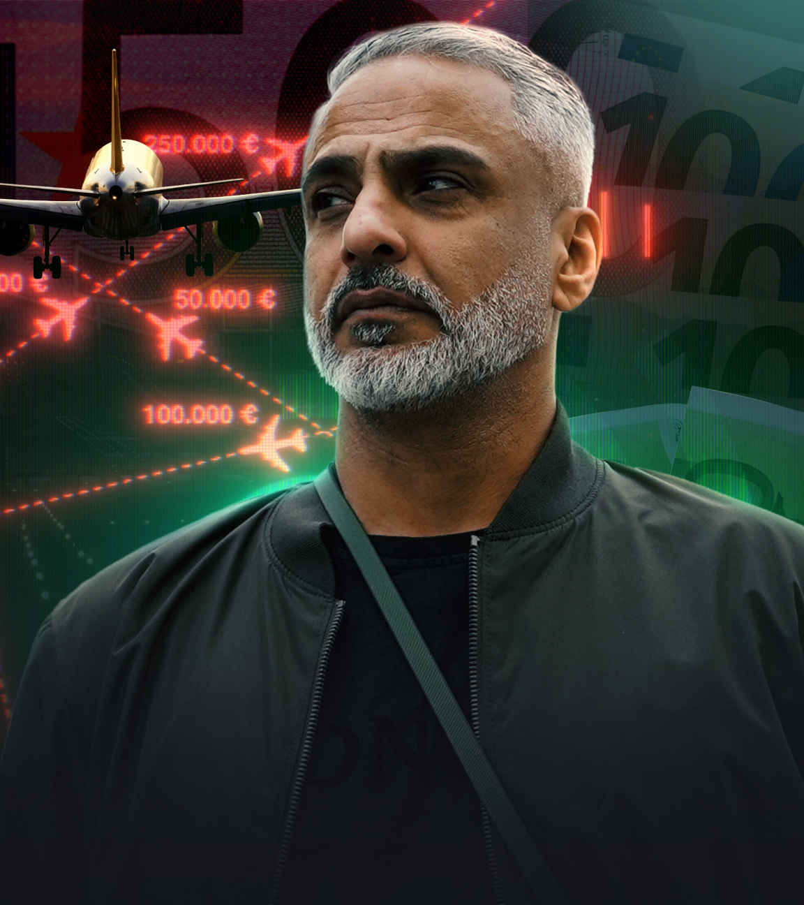 Ali C. vor einem Hintergrund mit Spur-Logo und Geldscheinen.