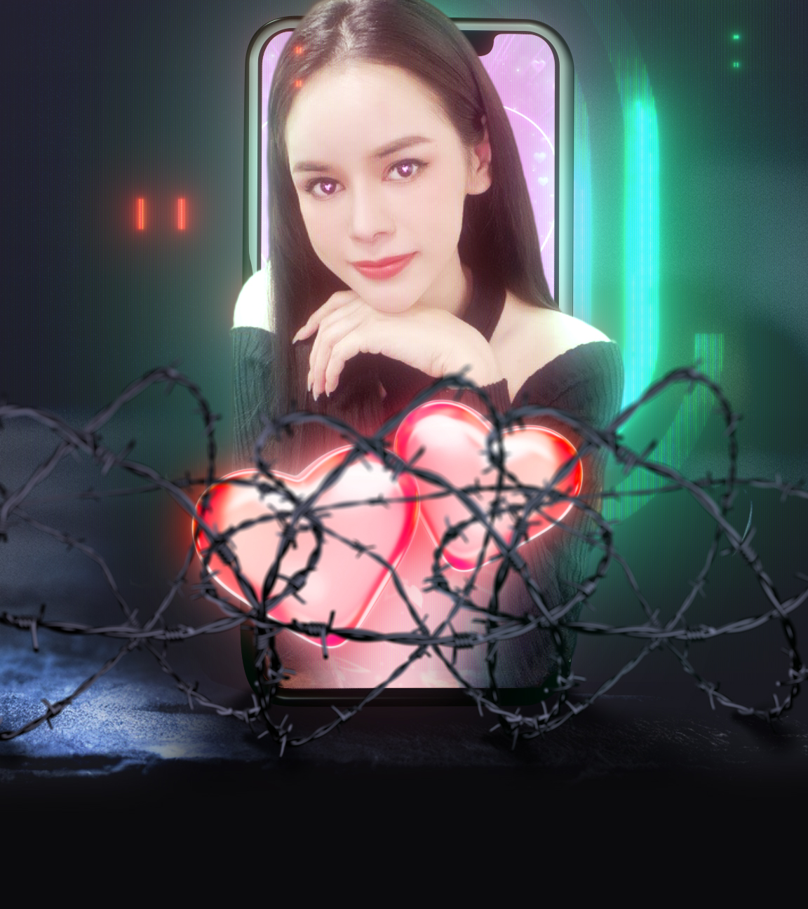 Frau vor Drahtzaun, schaut aus Handy heraus