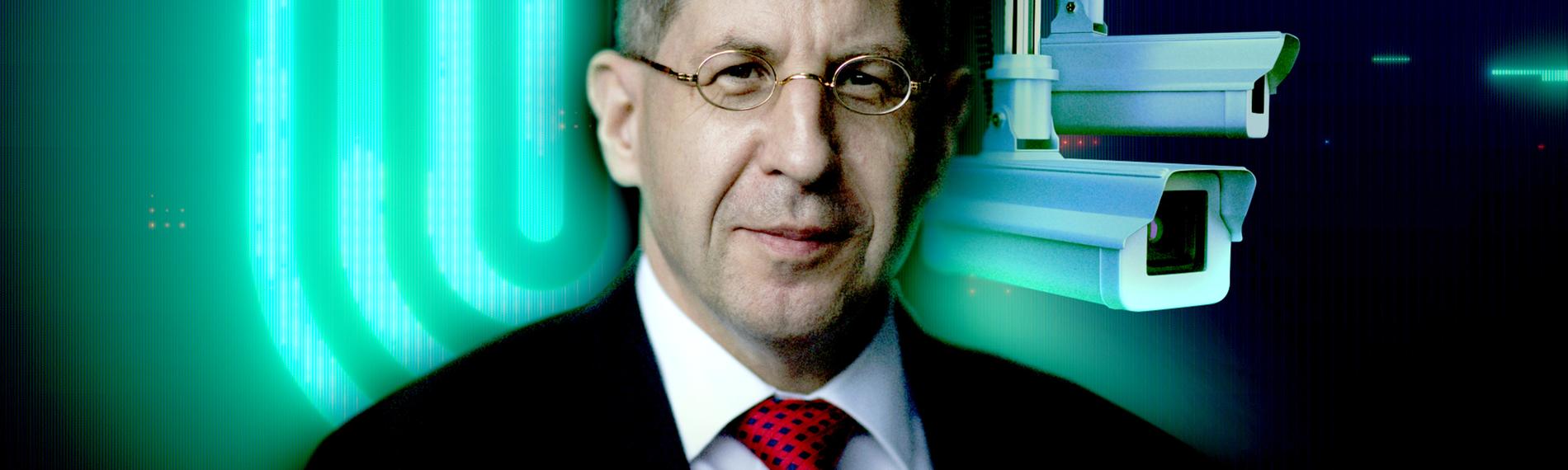 Collage Maaßen mit Portrait, Überwachungskameras, Schlagworte.