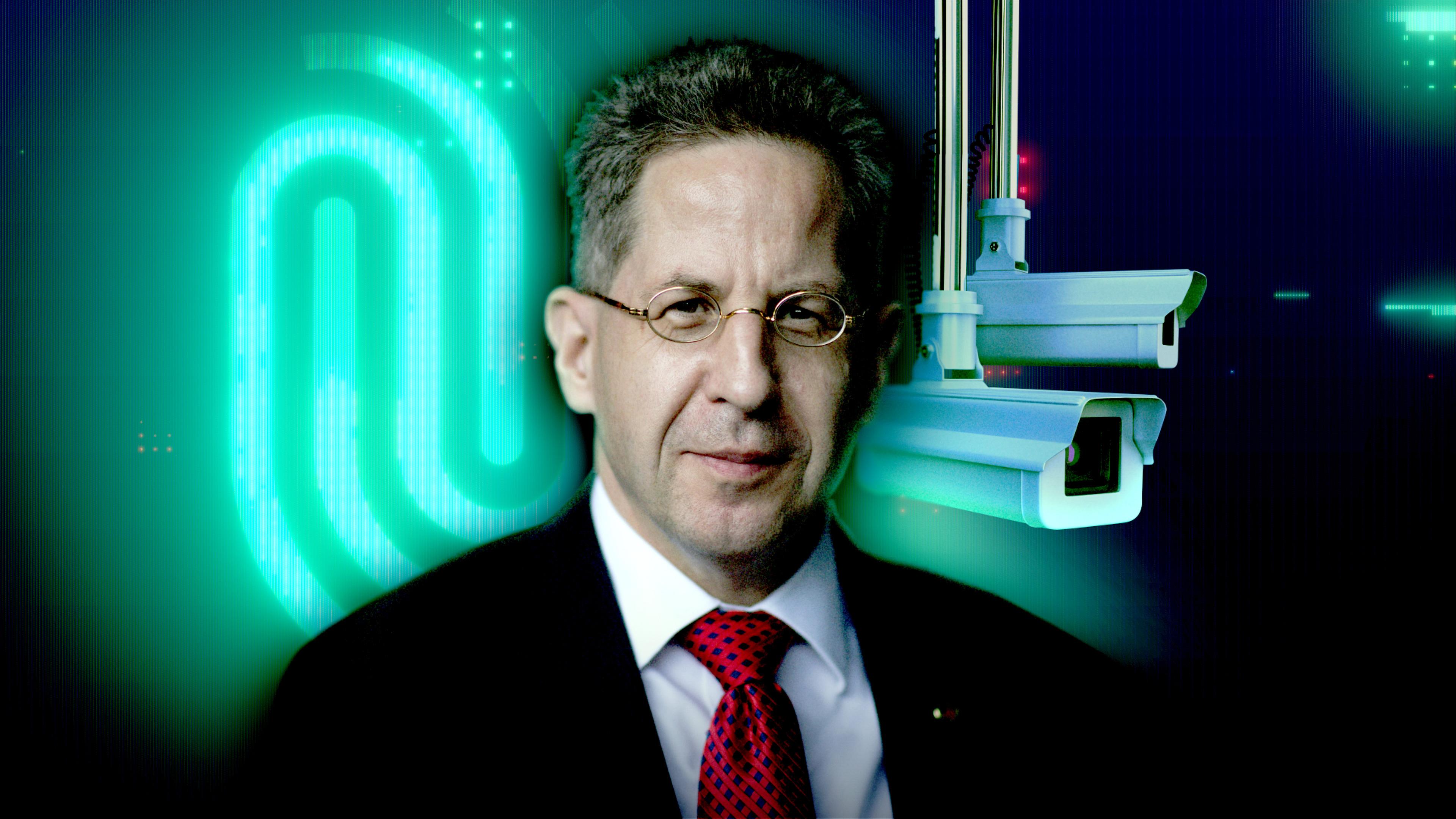 Collage Maaßen mit Portrait, Überwachungskameras, Schlagworte.
