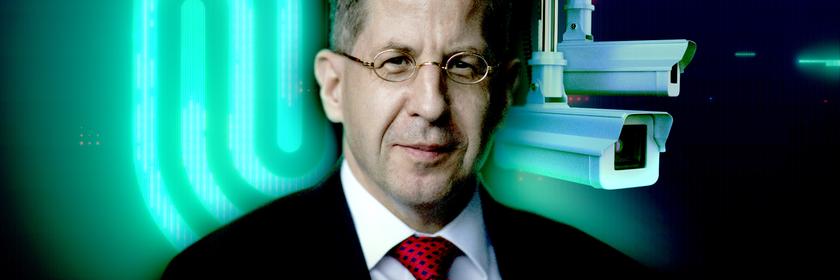 Collage Maaßen mit Portrait, Überwachungskameras, Schlagworte.