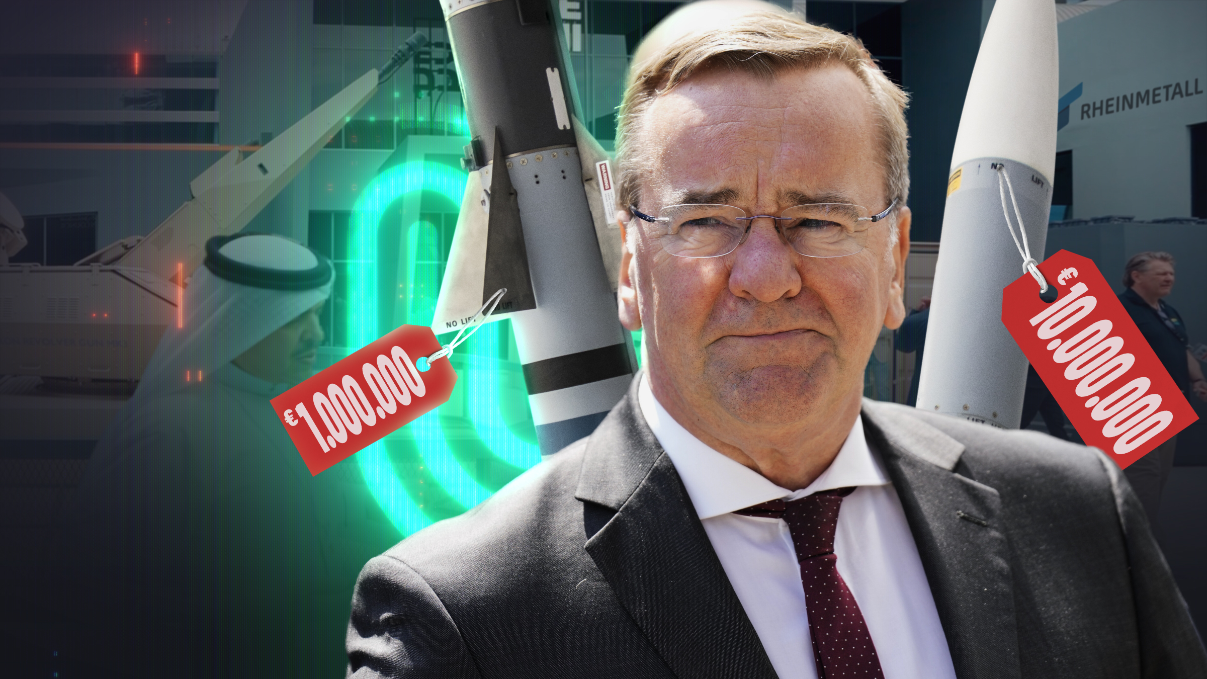 Boris Pistorius vor zwei Raketen, an denen rote Preisschilder hängen.