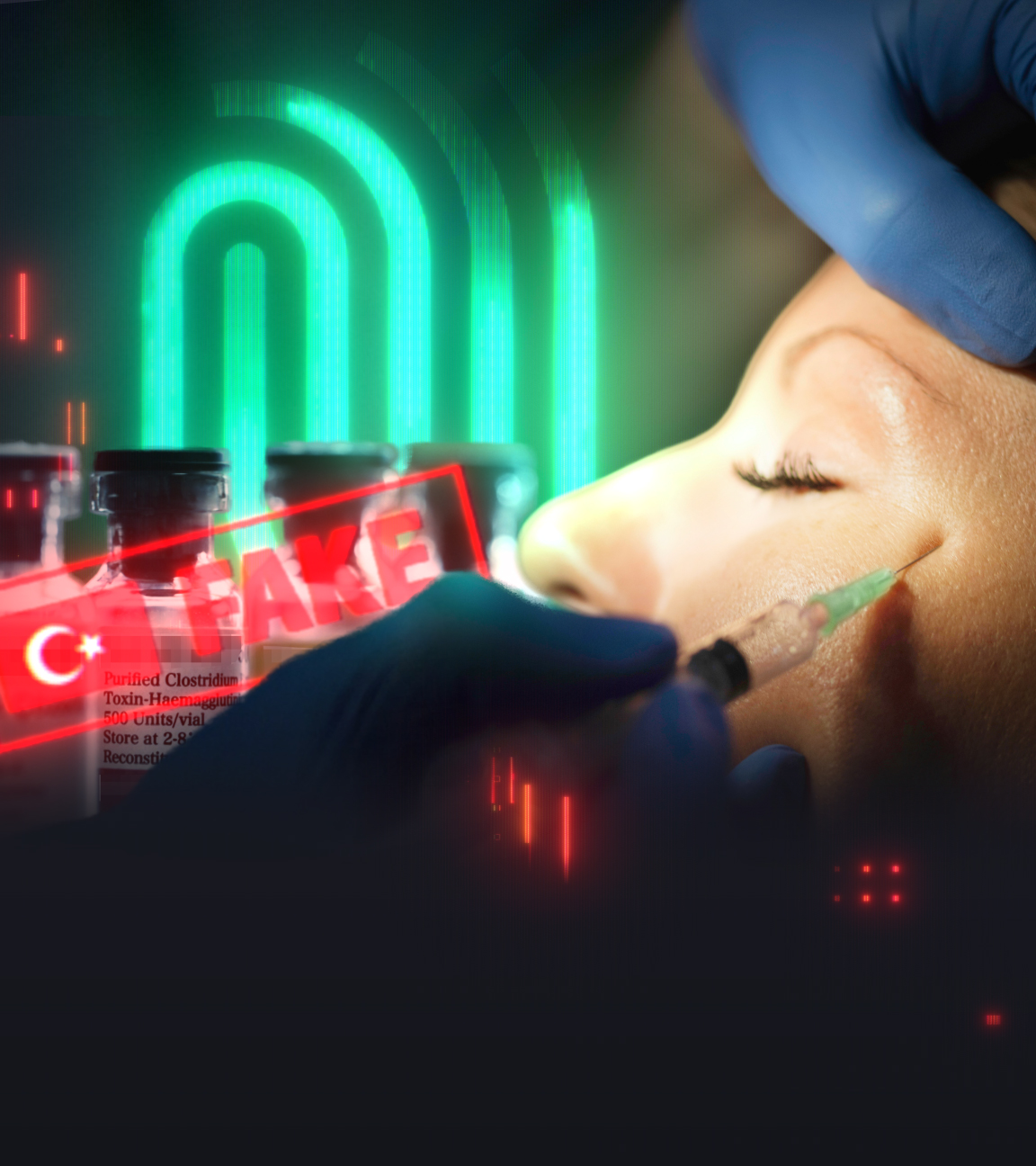 Person erhält Spritze neben dem Auge; „FAKE“-Aufschrift, neongrüner Fingerabdruck im Hintergrund.