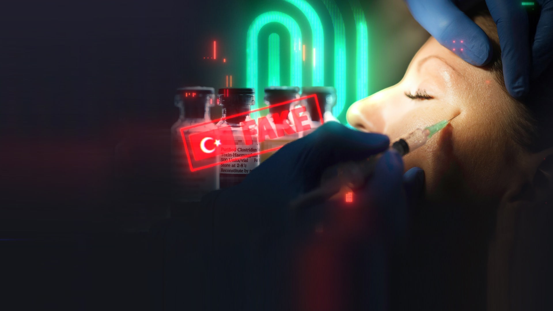Person erhält Spritze neben dem Auge; „FAKE“-Aufschrift, neongrüner Fingerabdruck im Hintergrund.