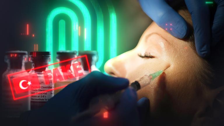 Person erhält Spritze neben dem Auge; „FAKE“-Aufschrift, neongrüner Fingerabdruck im Hintergrund.