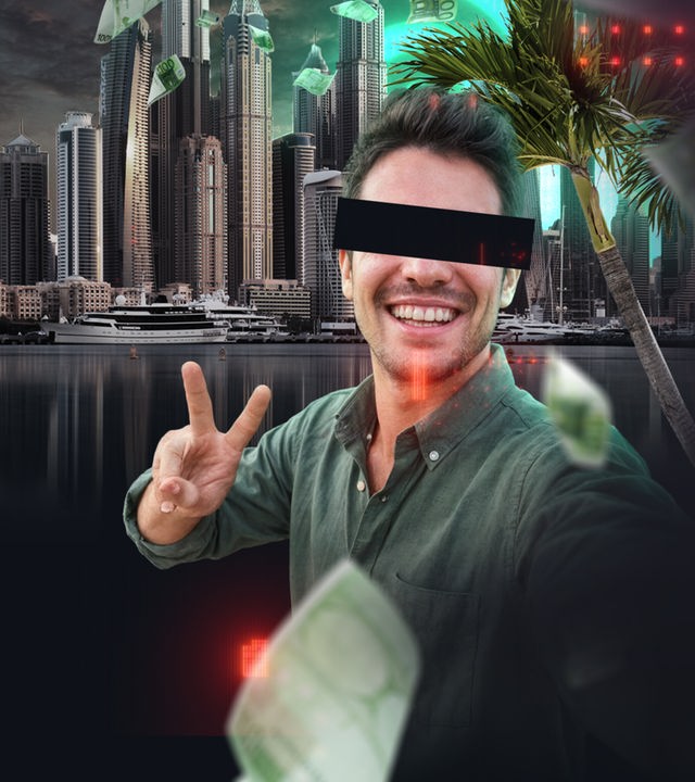 Influencer vor dem Stadtbild einer großen Stadt (Dubai)