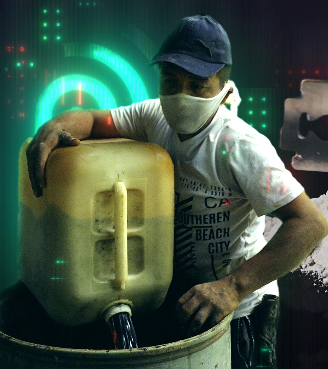 Montage: Vor dem Sendungslogo entleert ein Mann mit Maske einen Kanister mit dunkler Flüssigkeit in eine Tonne. Daneben ist auf einer Seite eine grüne Pflanze, auf der anderen Seite eine Hand mit Rasierklinge über Kokainpulver.