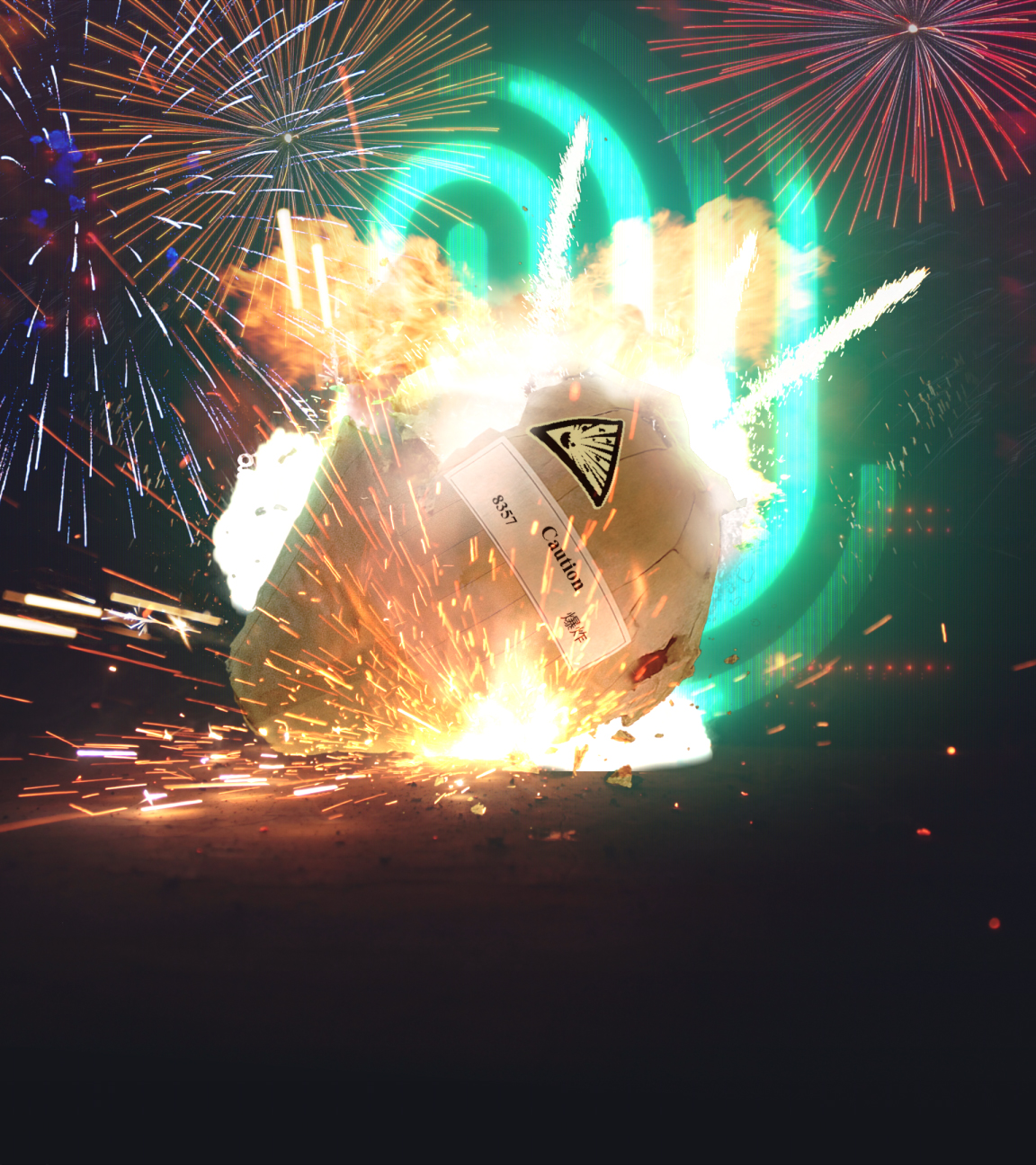 Kugelbombe im vorderen Bereich, welche gerade explodiert. Im Hintergrund Feuerwerk und Spur-Logo. 