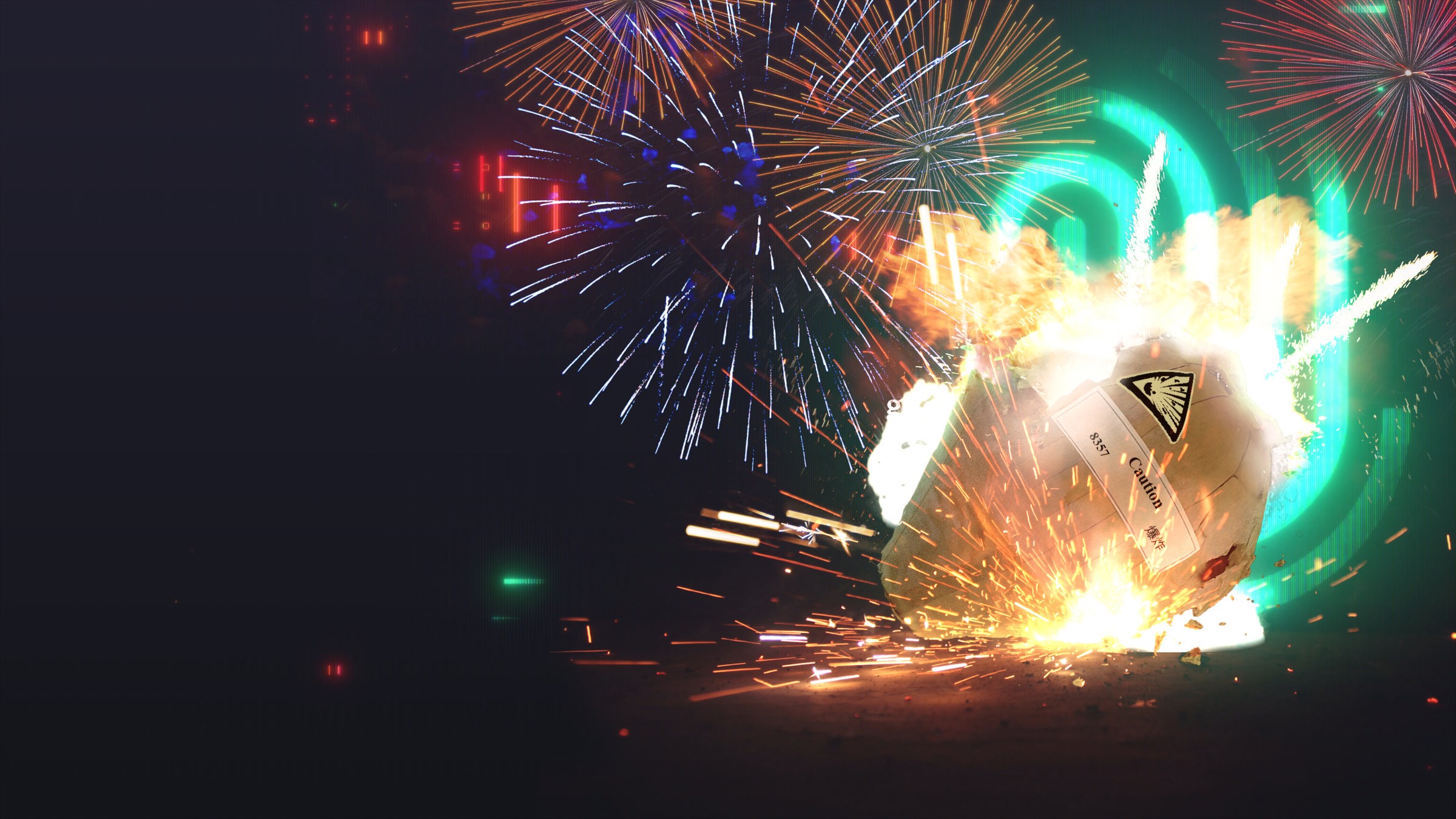 Kugelbombe im vorderen Bereich, welche gerade explodiert. Im Hintergrund Feuerwerk und Spur-Logo. 