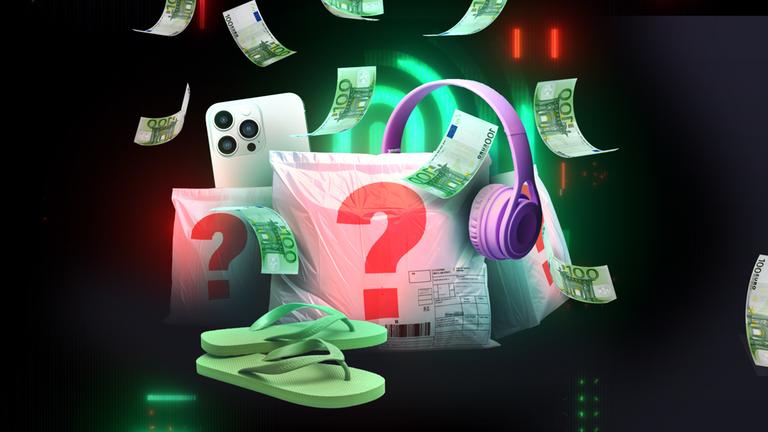 Drei Pakete mit großem roten Fragezeichen im Vordergrund. Dahinter ein neues Smartphone und ein paar Flip-Flops. Es regnet Geldscheine. Im Hintergrund Spur-Logo.  