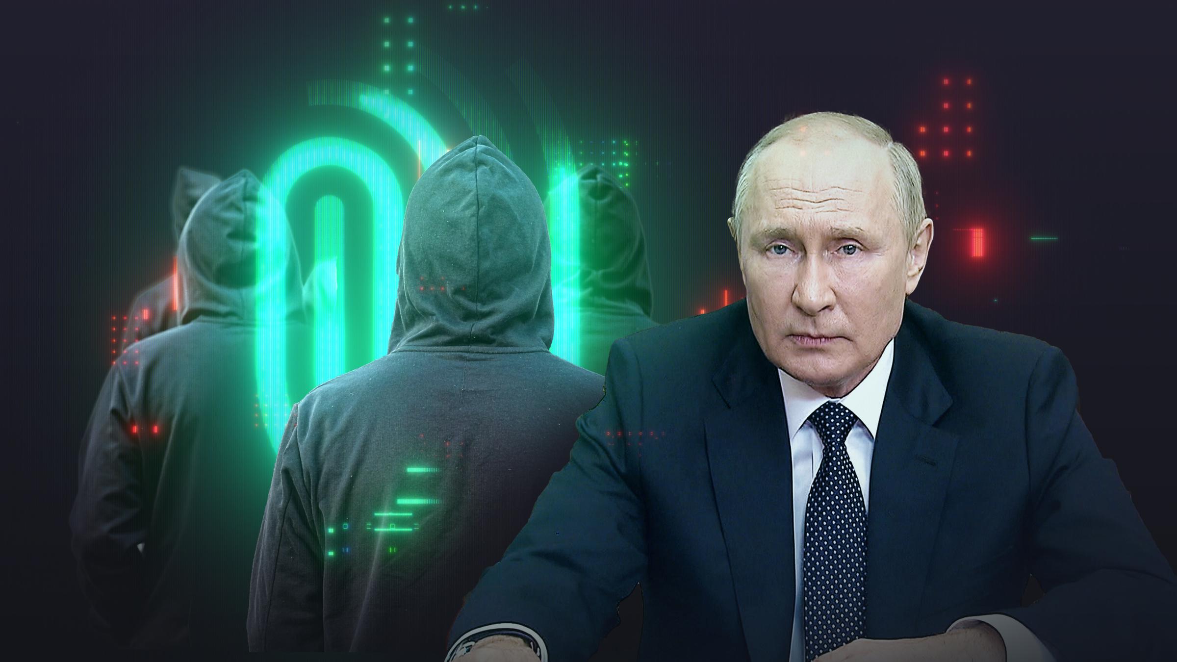 Putin, im Hintergrund das Spur-Logo