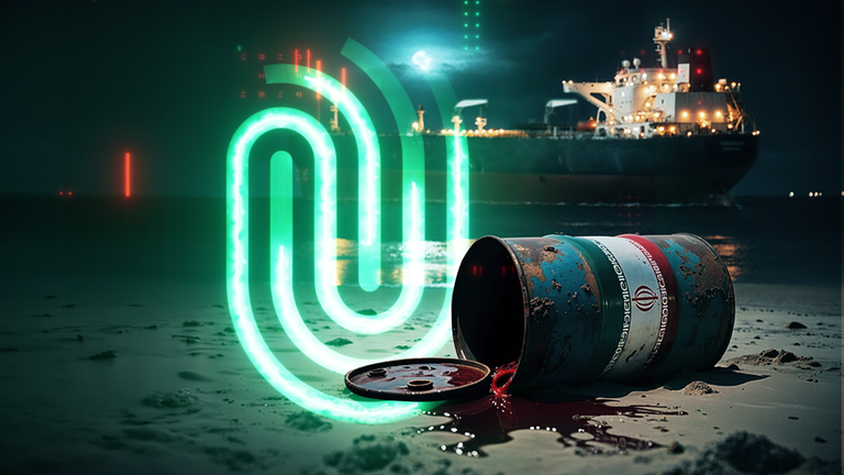 Im Vordergurnd sieht man eine umgekippte Tonne, aus der sich eine schwarz-braune Masse ergießt. Im Mittelgrund das Spur-Logo. Im Hintergrund läuft ein großer Frachter. 