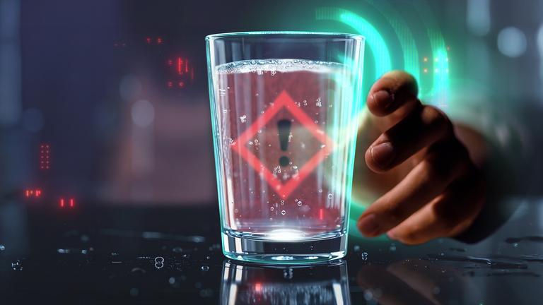 Eine Hand, welche nach einem Glas sprudelndem Wasser greift. Auf dem Glas ein Gefahrenzeichen. Im Hintergrund das Spur-Logo.