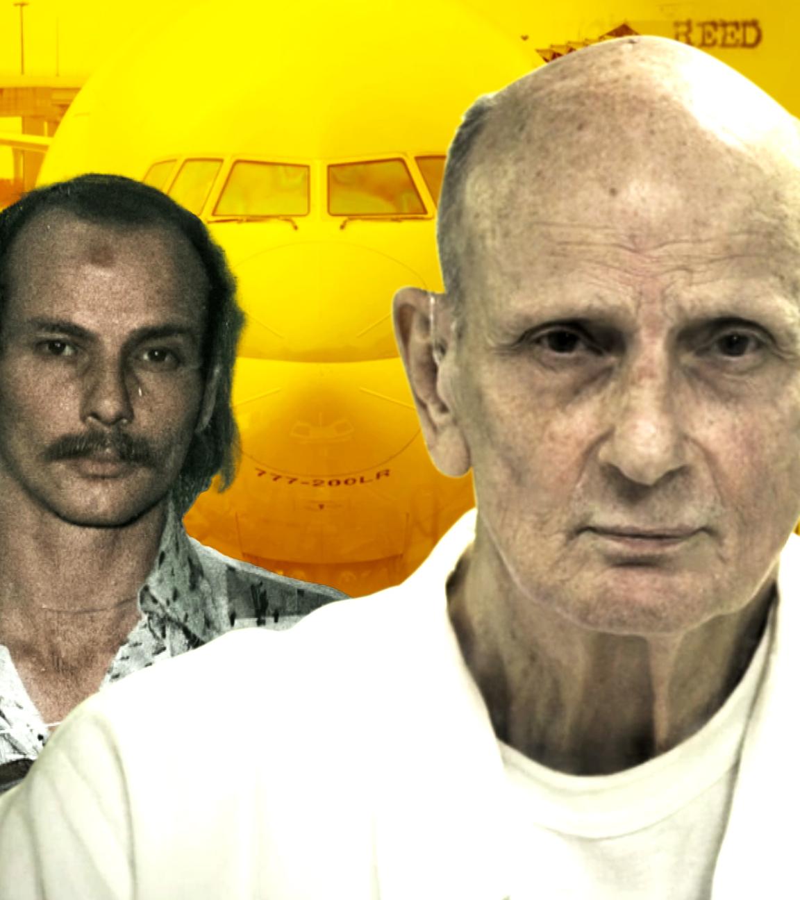 Montage: Im Vordergrund liegt ein Bild des mutmaßlichen Serienmörders Jonathan Reed heute, dahinter ein Bild von ihm zur Zeit der Verbrechen. Dahinter sind ein Flugzeug und Fingerabdrücke abgebildet.