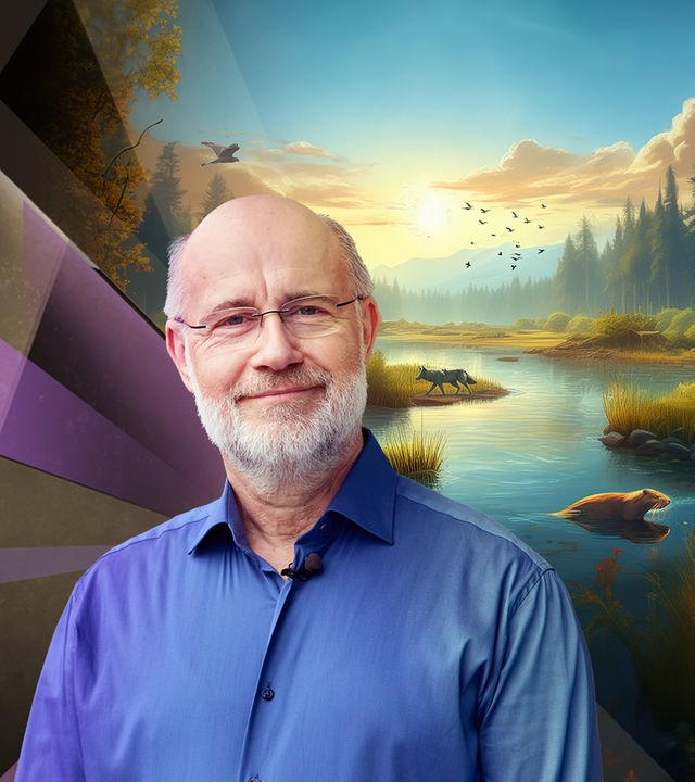 Professor Harald Lesch in einer KI-generierten Phantasielandschaft mit Flusslauf.