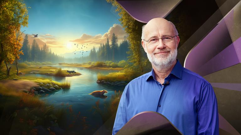 Professor Harald Lesch in einer KI-generierten Phantasielandschaft mit Flusslauf.