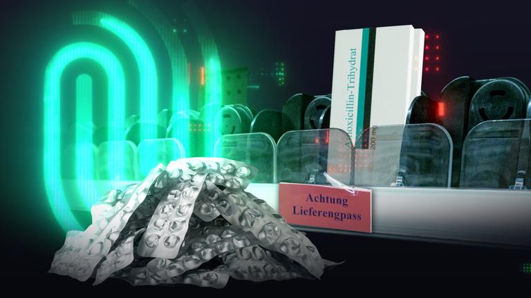 Fotomontage mit leeren Tablettenblistern, einem leeren Regal mit einer Tablettenverpackung und das grün leuchtende Die Spur-Logo.